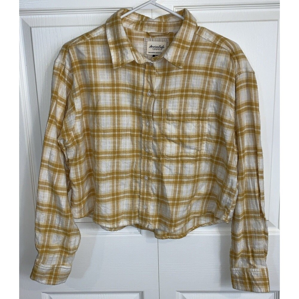 American Eagle Cropped Flannel Shirt M Yellow Plaid Long Sleeve Distressed Farm
